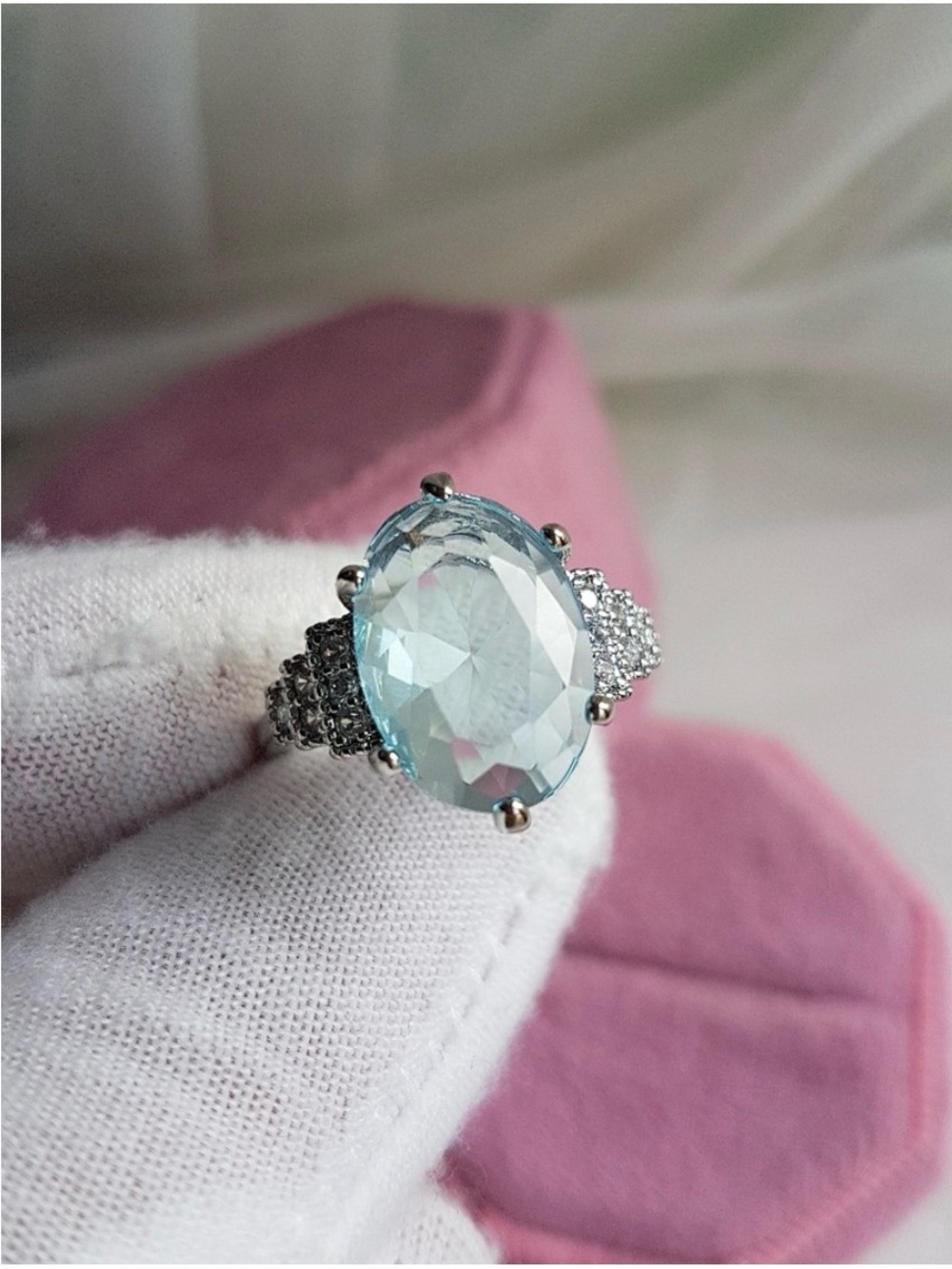 Swarovski Elements 925 Sterling Silver Aquamarine Blue Vintage Look Ring NEW